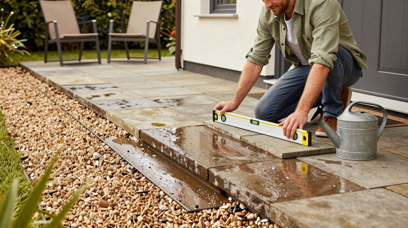 Man kneeling on patio, using a spirit level on stone slabs, near a watering can and gravel path.