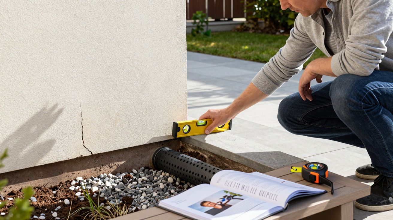 Man checking wall crack with spirit level next to open book and tape measure outside.