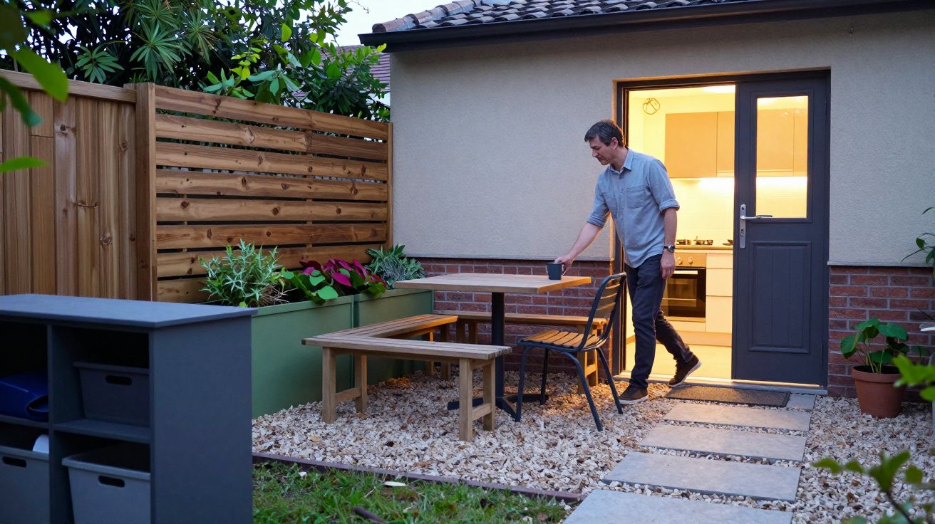 Man places a mug on a table in a garden with plants, next to a modern shed with a lit interior.