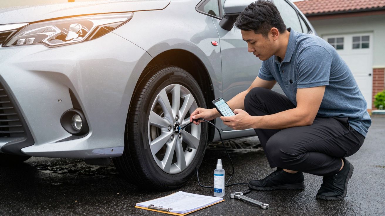 Man checking tyre pressure of a silver car with a gauge, kneeling on wet pavement; clipboard and tools nearby.