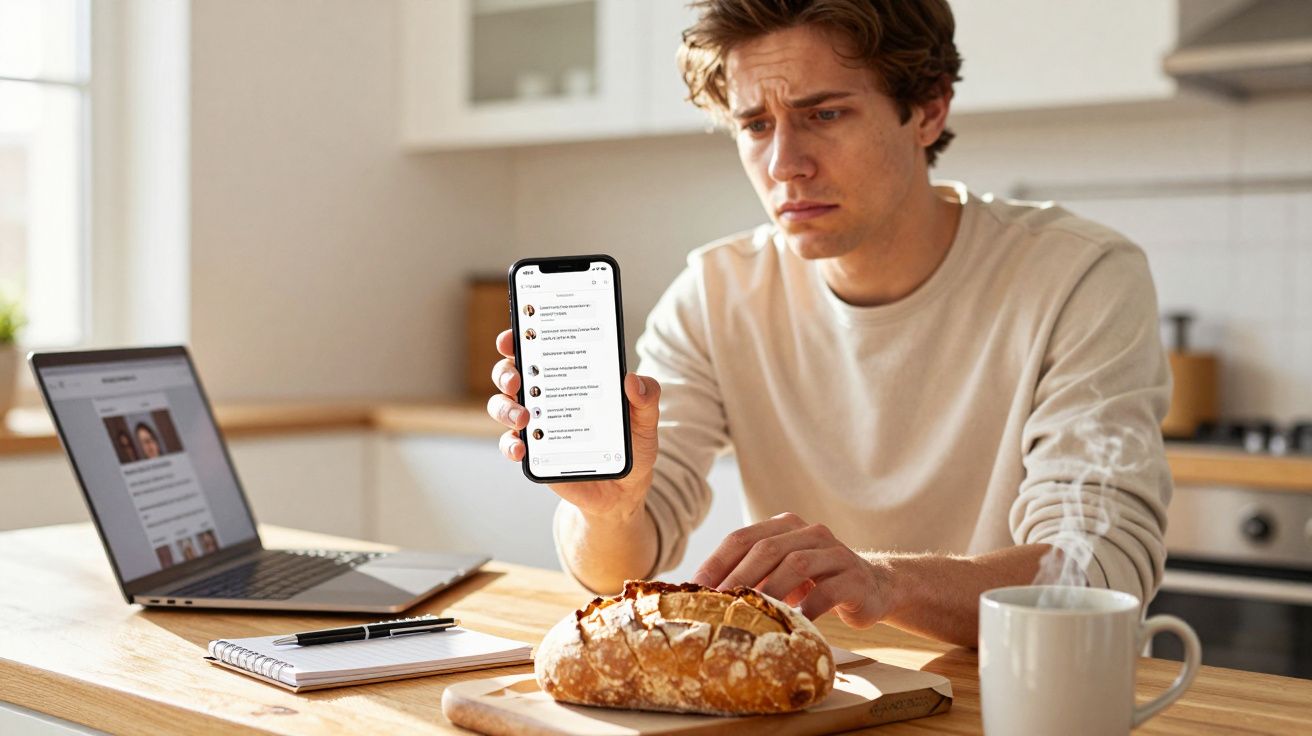 Man in kitchen holding smartphone with puzzled expression, laptop on table, slicing bread.