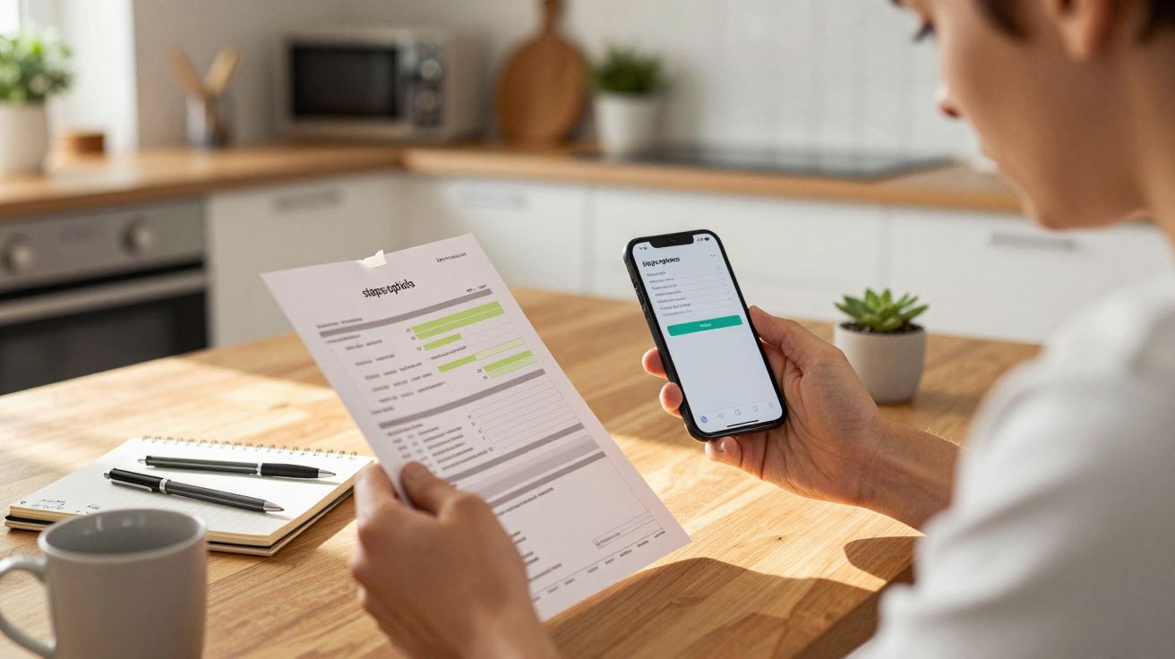 Person reviewing a bill on paper and smartphone at a wooden kitchen table, with a notebook and pen nearby.