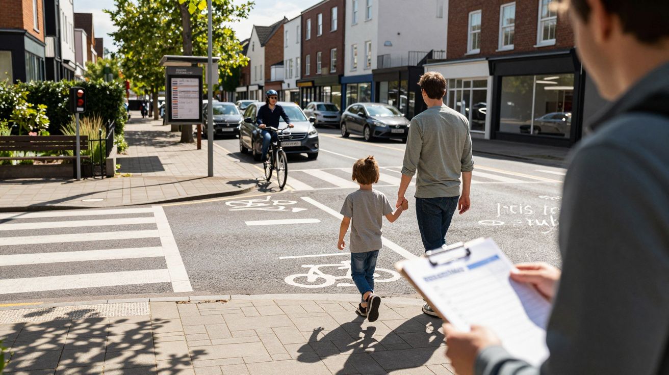 A man and child hold hands crossing a cycle lane on a sunny street as a person with a clipboard observes.