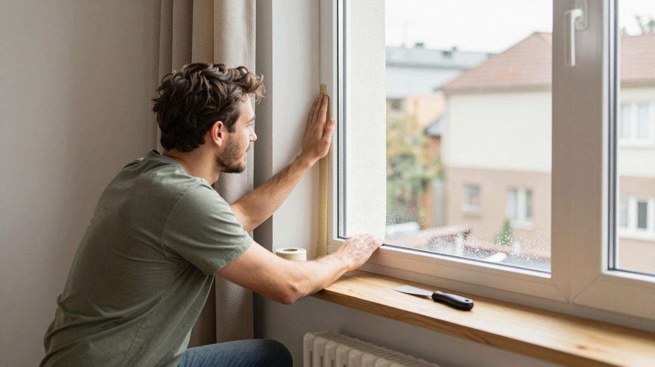 Man applying tape around a window frame with a knife nearby, looking outside.