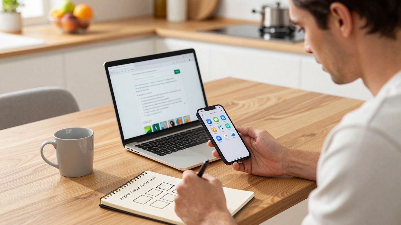 Man at table using smartphone, with laptop, notebook, and coffee mug in a kitchen setting.