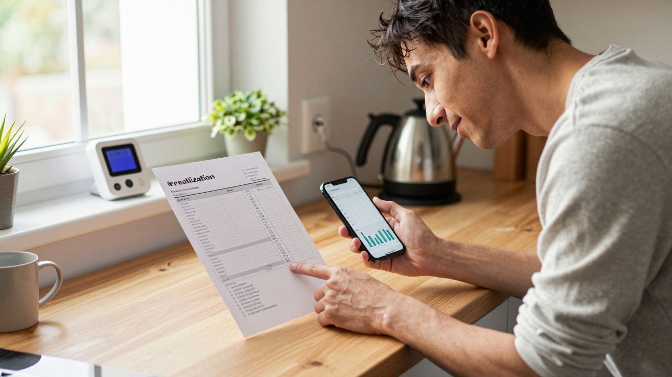 Person checking financial document and smartphone with a chart, sitting at a wooden kitchen counter near a window.