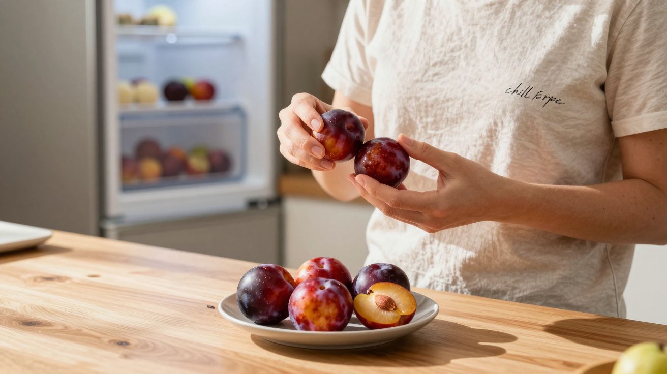 Person in white t-shirt holds ripe plums, standing in kitchen with open fridge and plate of plums on wooden table.