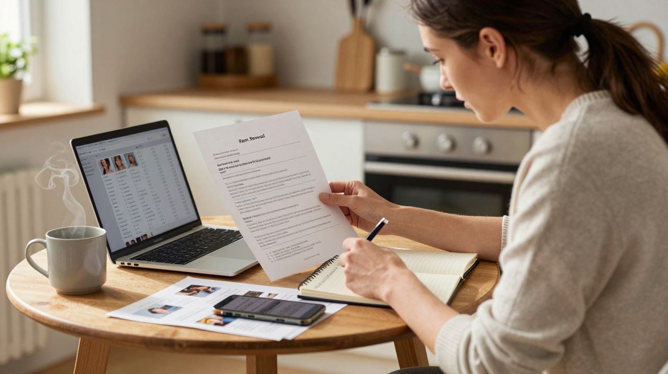 Woman reviewing documents at a kitchen table with a laptop, notebook, and smartphone.
