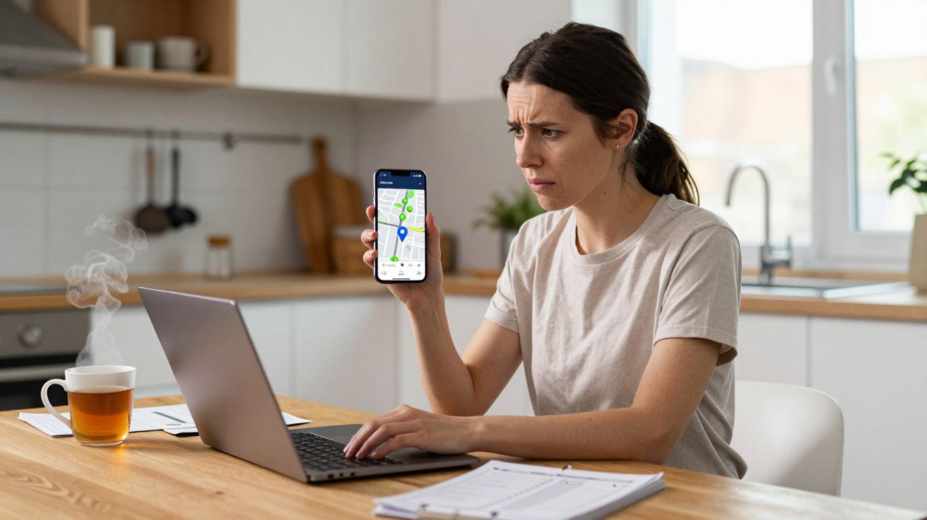 Woman puzzled by phone map while using laptop in kitchen, with a cup of tea nearby.