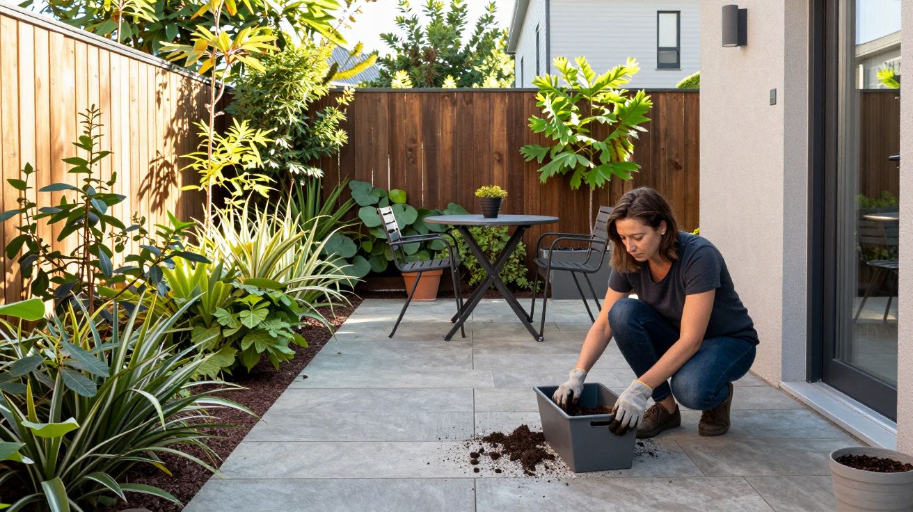 Woman gardening on a patio, kneeling beside a plant pot, surrounded by lush greenery and outdoor furniture.