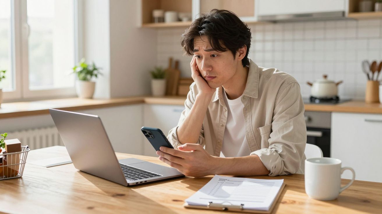 Man at kitchen table, looking concerned, holding phone, with laptop and cup beside him.