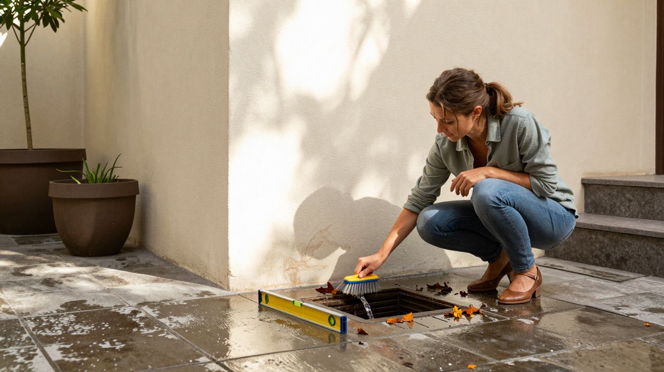 Woman crouching and cleaning leaves from an outdoor drain with a brush, surrounded by potted plants and steps.