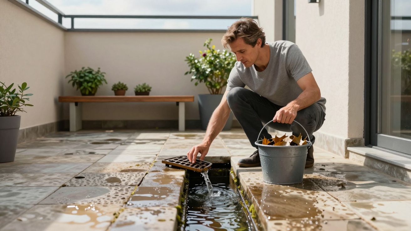 Man cleaning a patio drain, holding bucket with leaves, crouching down on stone tiles, potted plants in background.