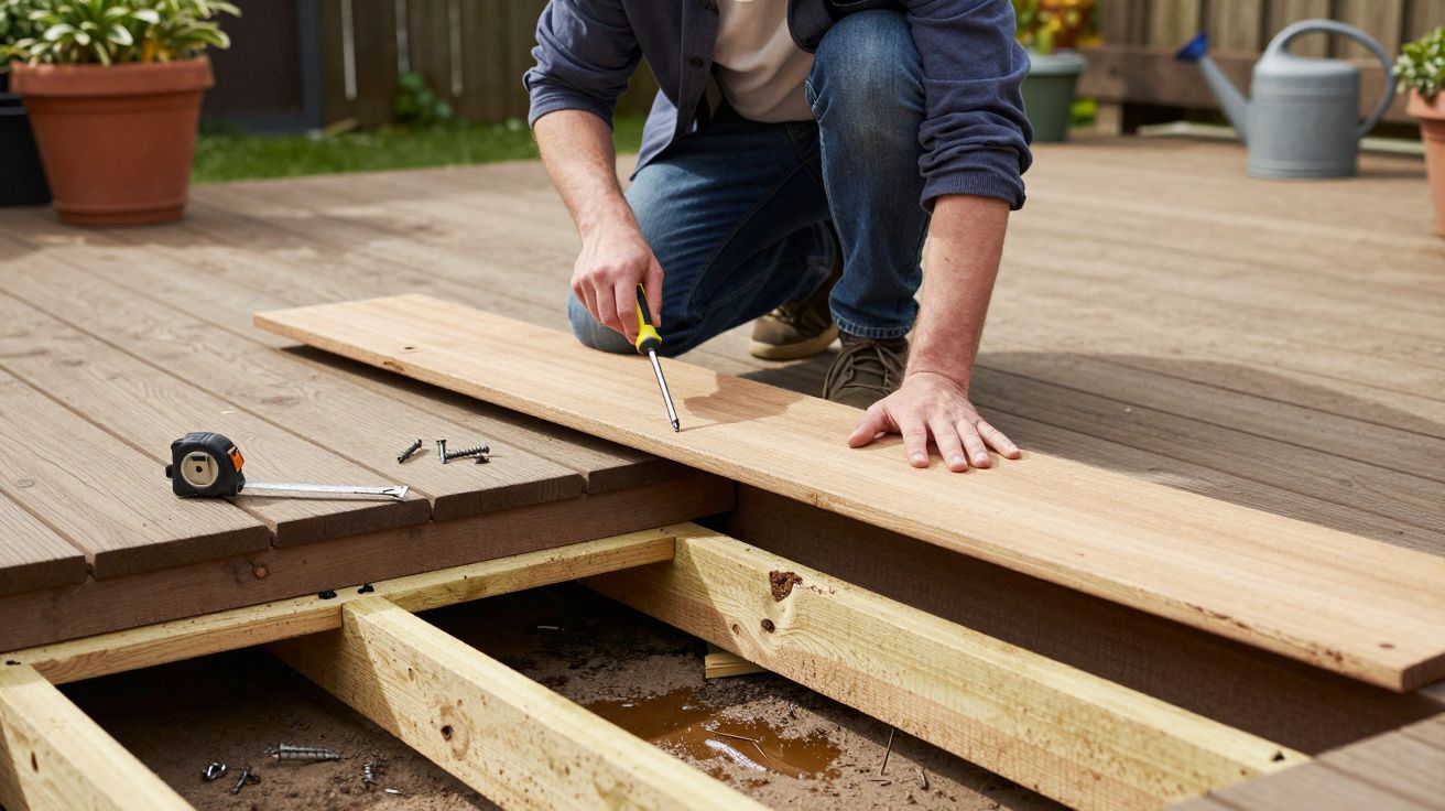 Man kneeling and using a screwdriver to fix a wooden deck board, surrounded by tools and potted plants in the background.