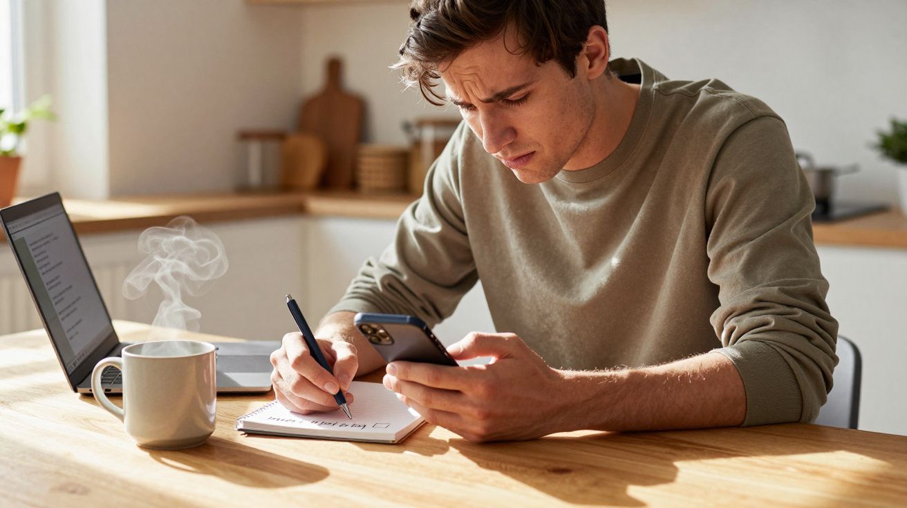 Man writing notes while looking at smartphone, with laptop and coffee on table.