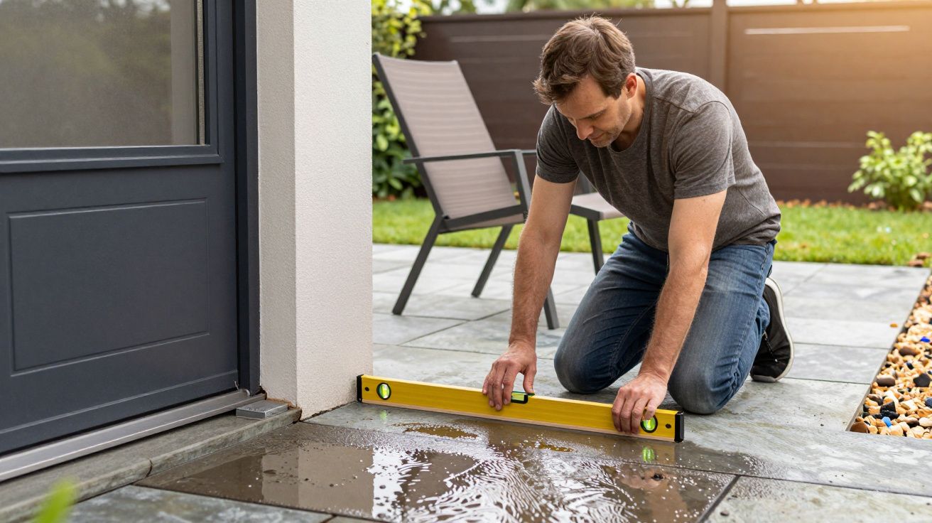 Man using a spirit level to check flooded patio tiles near a house exterior.