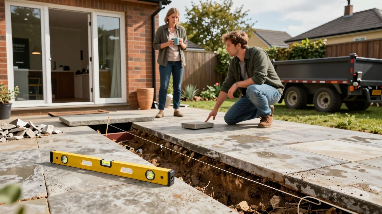 Man and woman laying patio slabs, using a spirit level for alignment, with tools and a trailer visible in a garden setting.