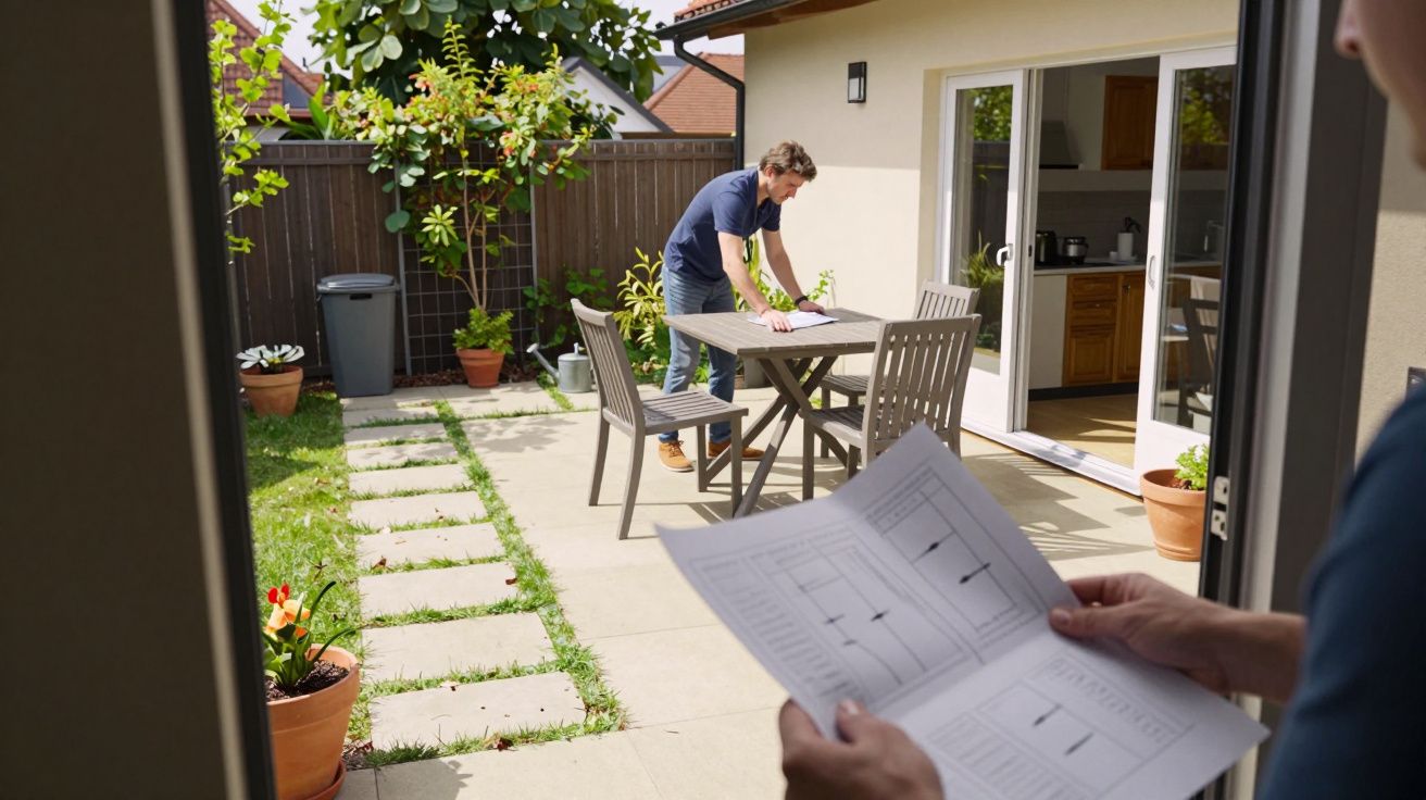 Man setting table in garden while another holds papers, patio with potted plants and open patio doors.