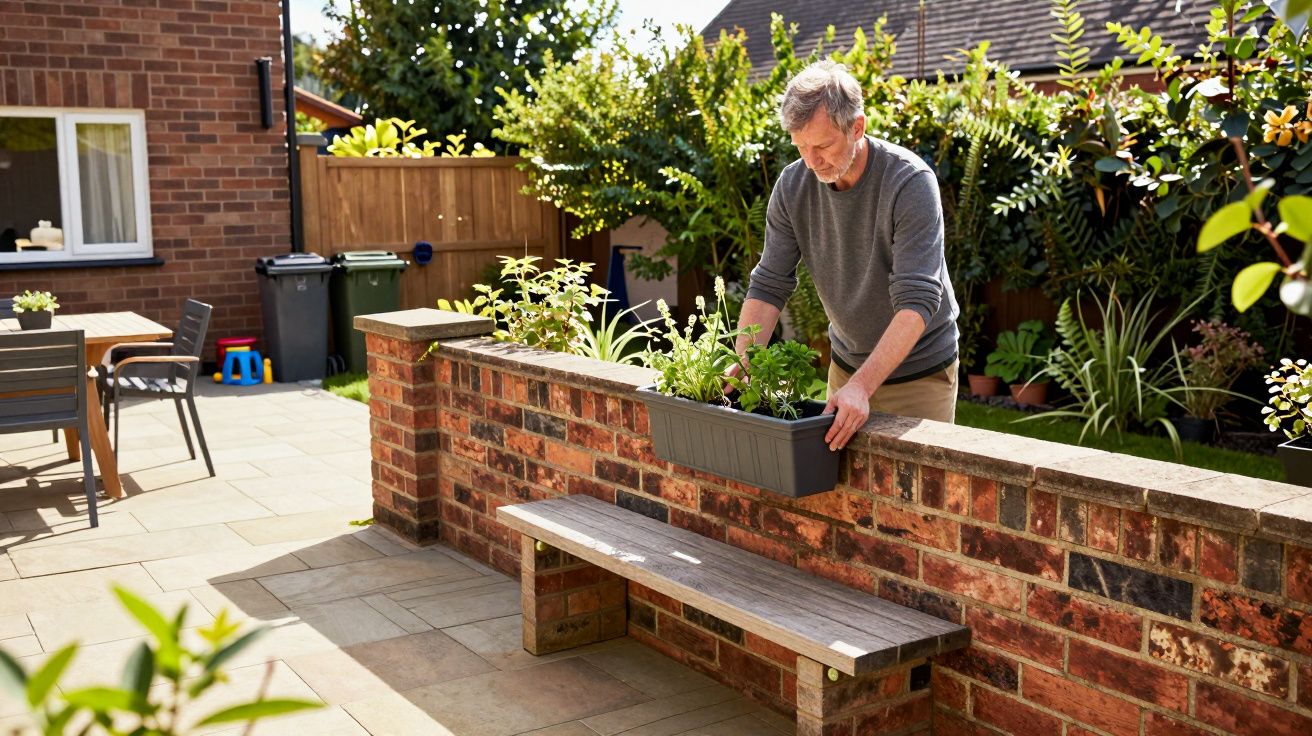 Man tending to plants in a garden on a sunny day, with a brick wall and wooden bench in the foreground.