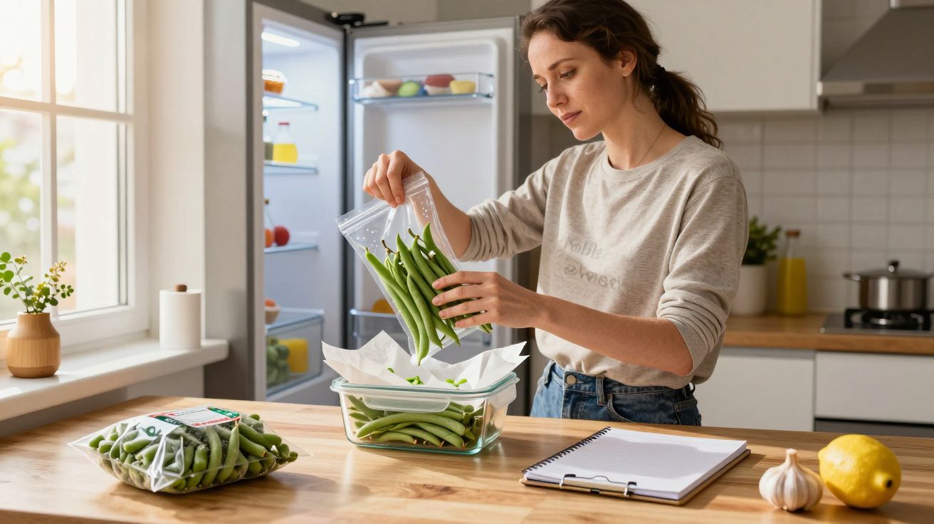 Woman in kitchen packaging green beans into containers, with open fridge, notebook, lemon, and garlic nearby.