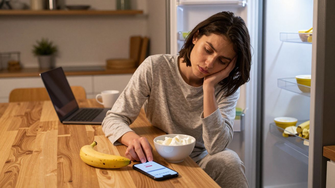 Woman in pyjamas at the table with a smartphone, banana, and yoghurt bowl, looking tired in a kitchen.