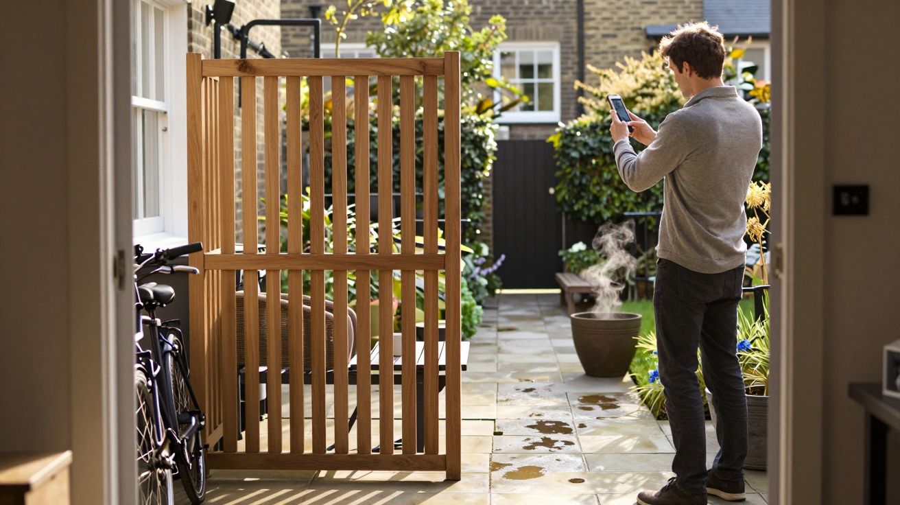 Man in a grey jumper using a tablet in a sunlit garden with potted plants and bicycles against a brick wall.