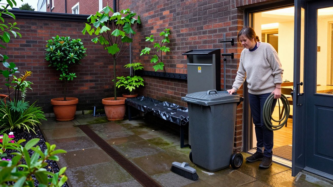 A woman stands in a tidy courtyard with plants, holding a hose next to a wheelie bin outside a brick building.