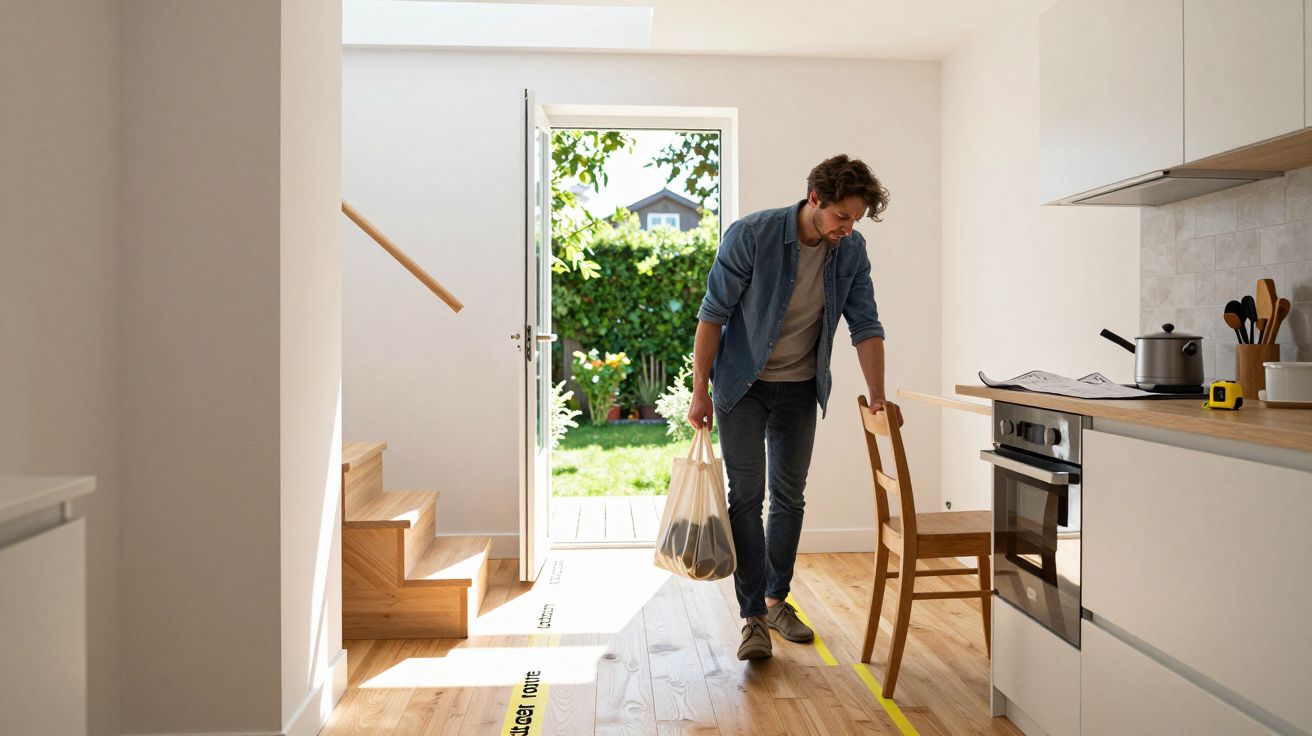 Man entering bright kitchen, carrying grocery bag, wooden floor, open door to garden, stairway on left.