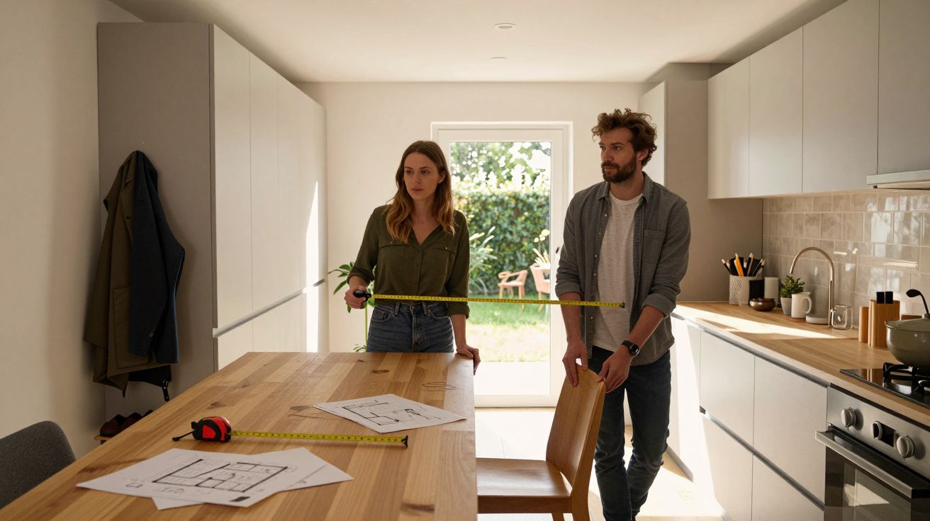 A man and woman measuring kitchen dimensions with a tape measure, plans spread on a wooden table, sunlight through the door.