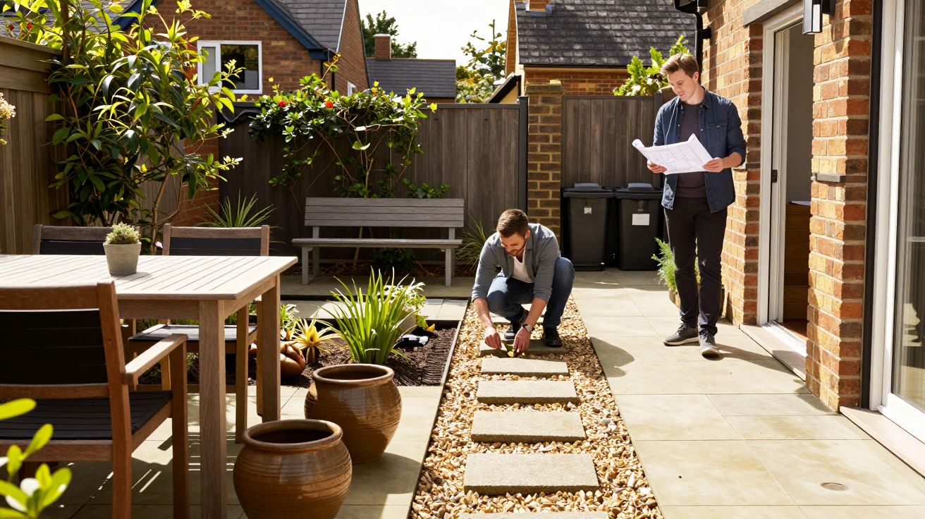 Two men in a garden, one arranging stepping stones, the other holding plans. Patio, plants, and wooden furniture visible.