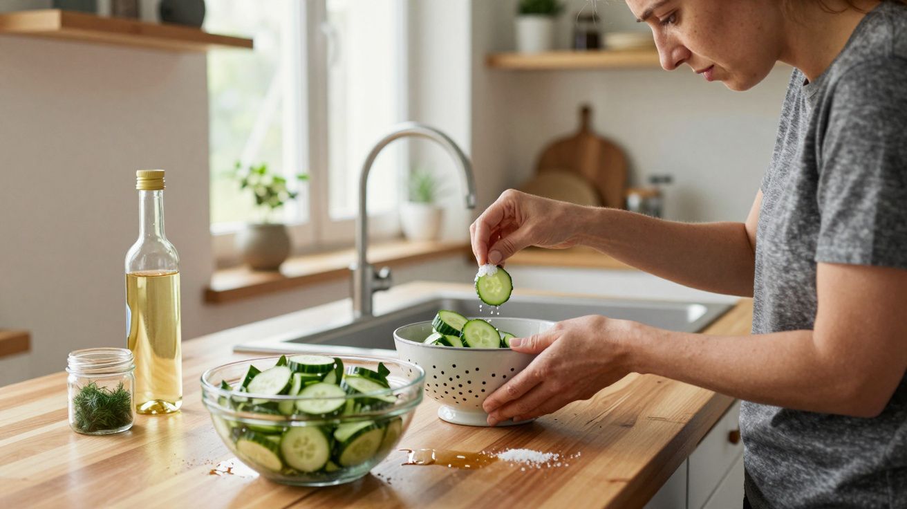 Person preparing cucumber salad in a kitchen, holding cucumber slices over a bowl, with olive oil on the counter.