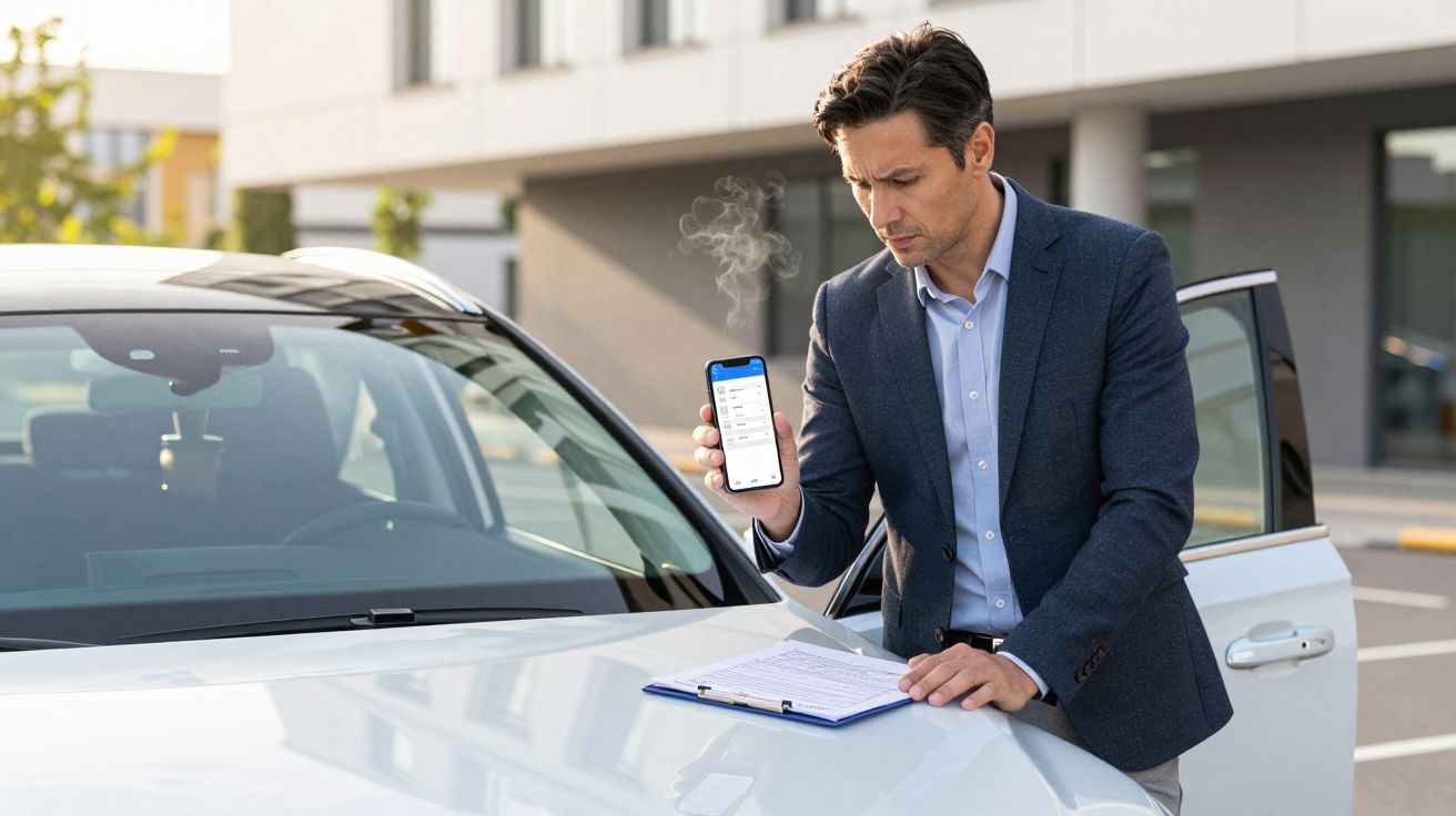 Man in suit using smartphone next to white car, standing by open door with clipboard on the bonnet.