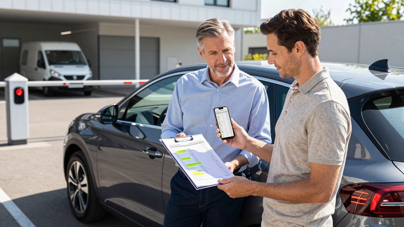 Two men standing by a car, holding a clipboard and phone, engaged in discussion outside a building.
