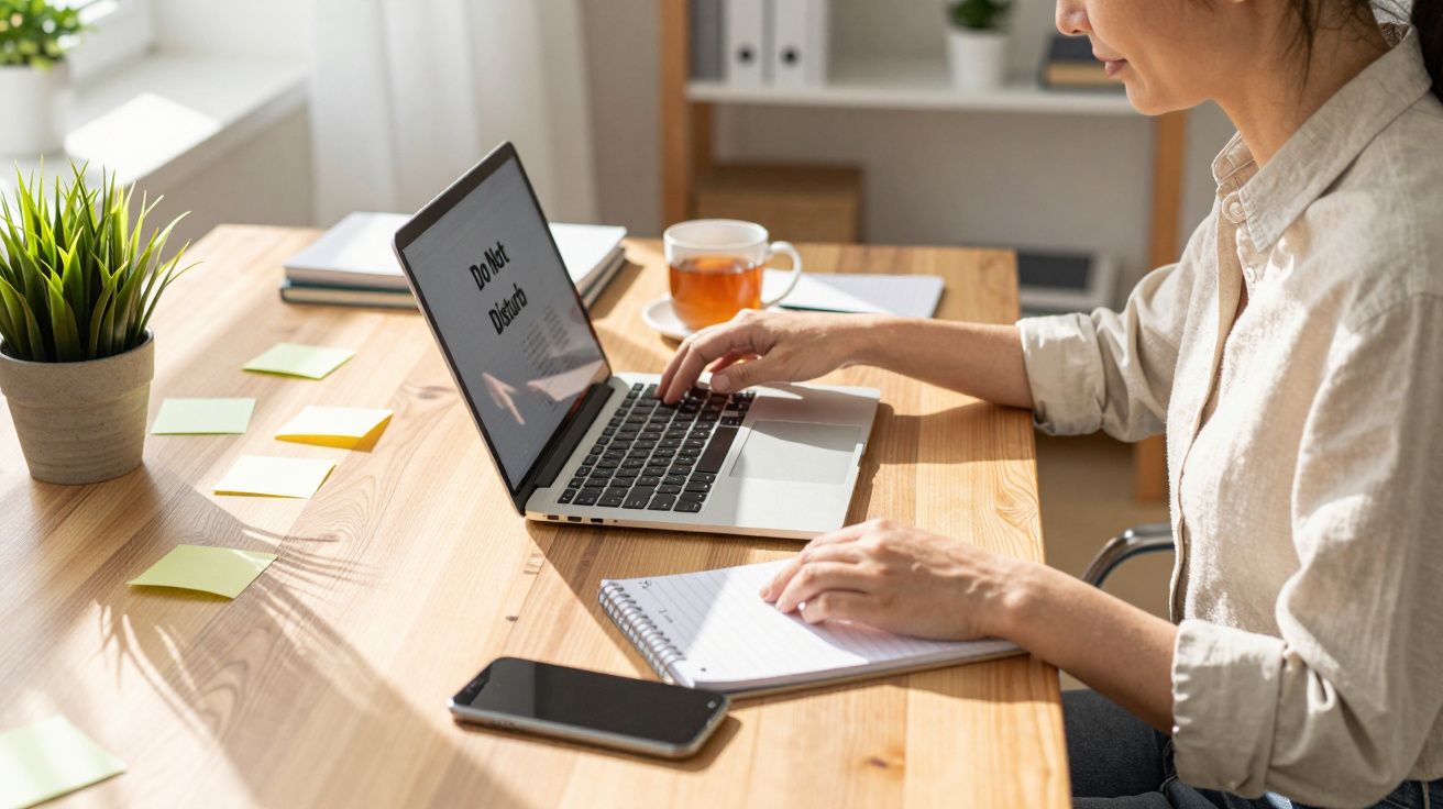 Woman working at a desk with a laptop displaying "Do Not Disturb," noting on a pad, with tea and plant nearby.