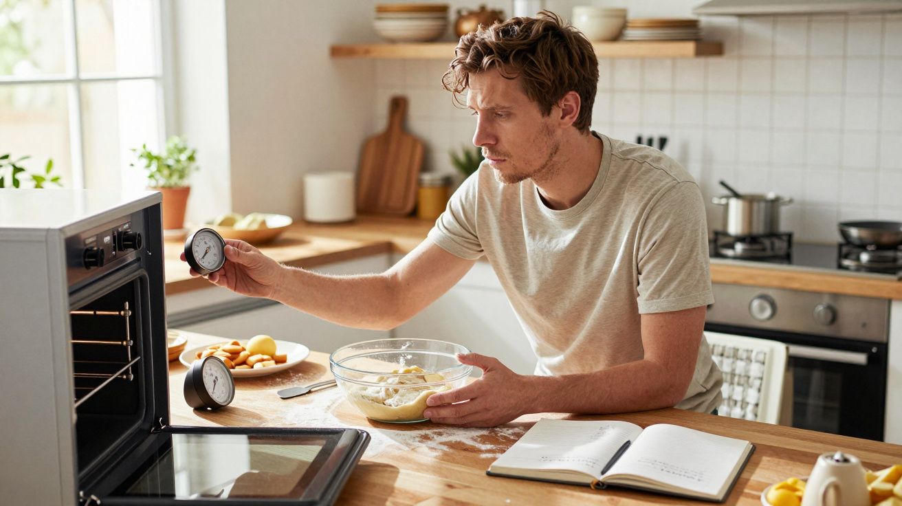 Man checking oven thermometer while preparing dough in a bright kitchen.