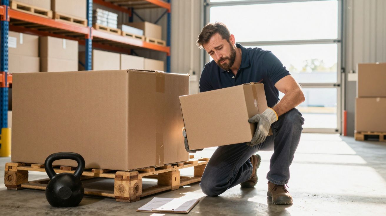 Man lifting a cardboard box in a warehouse, near a pallet, clipboard, and kettlebell.