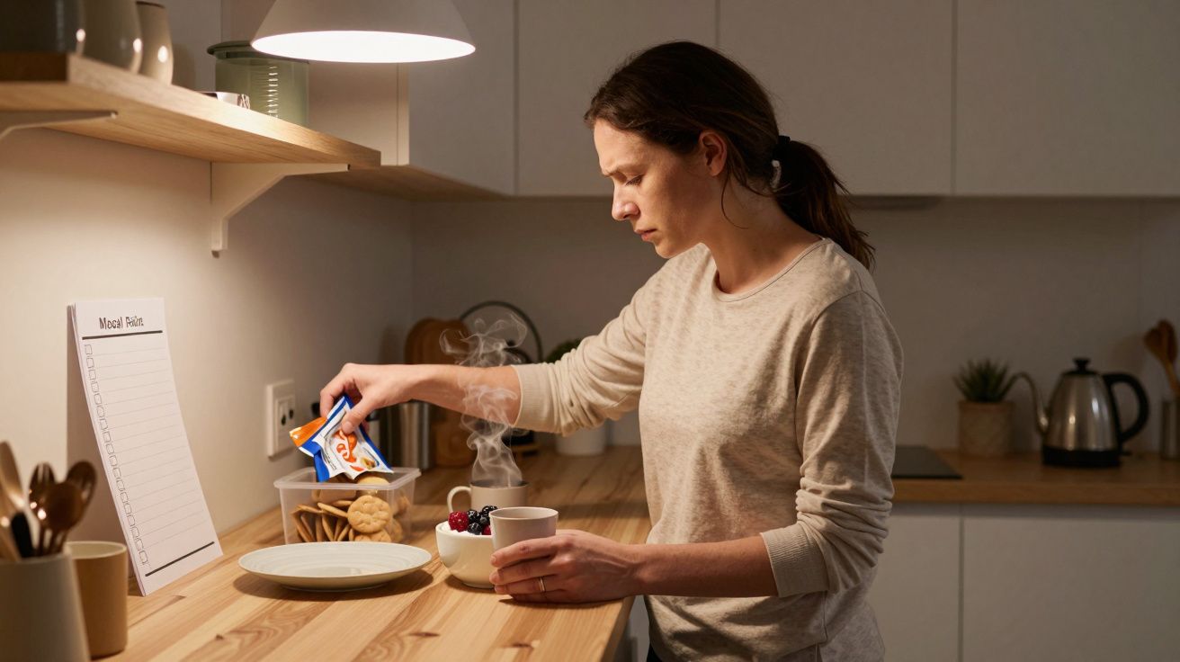Woman preparing a hot drink in a cosy kitchen, pouring powder into a mug beside a plate of biscuits and berries.
