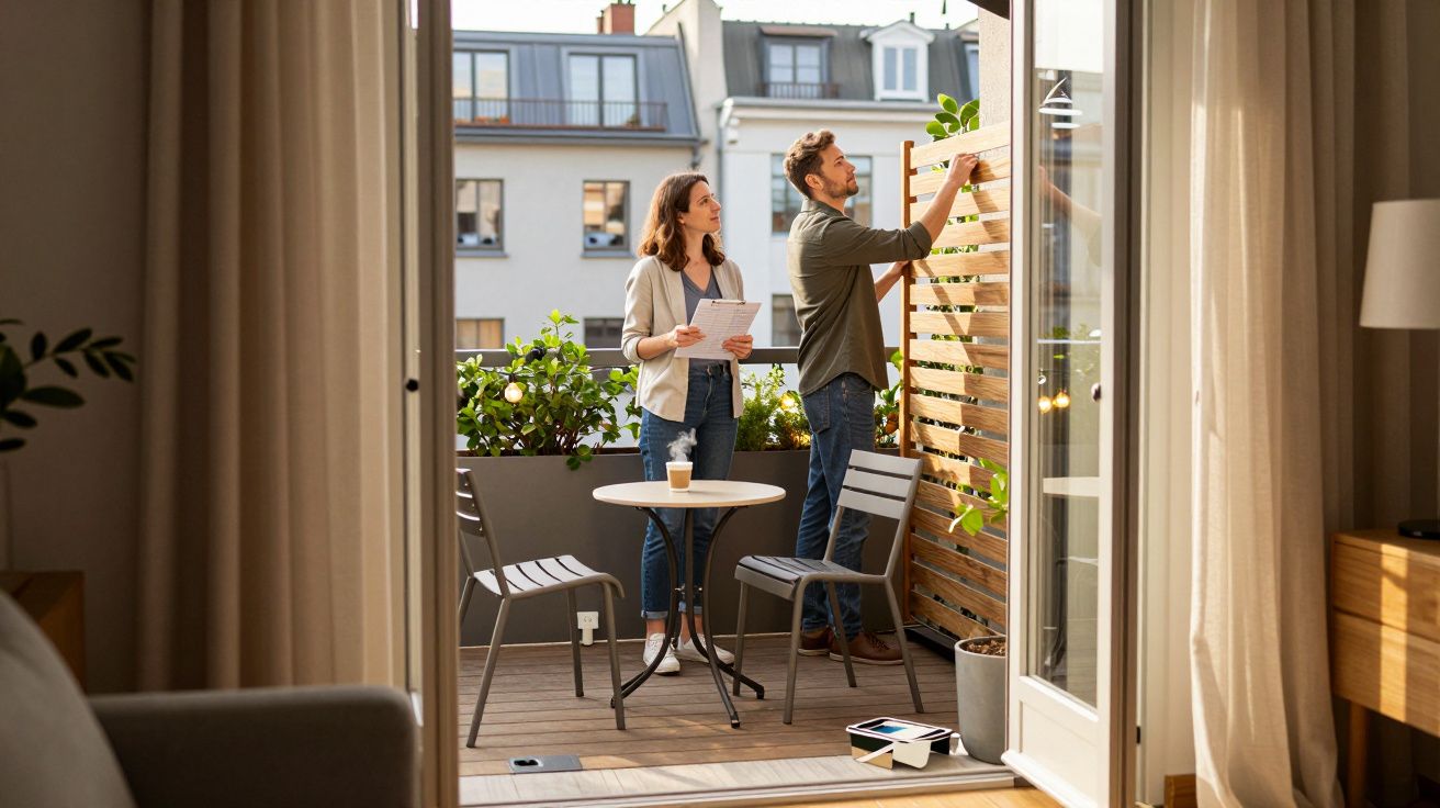 Couple decorating a balcony with plants, standing near a small table with chairs, coffee cup, and papers. Houses visible outs