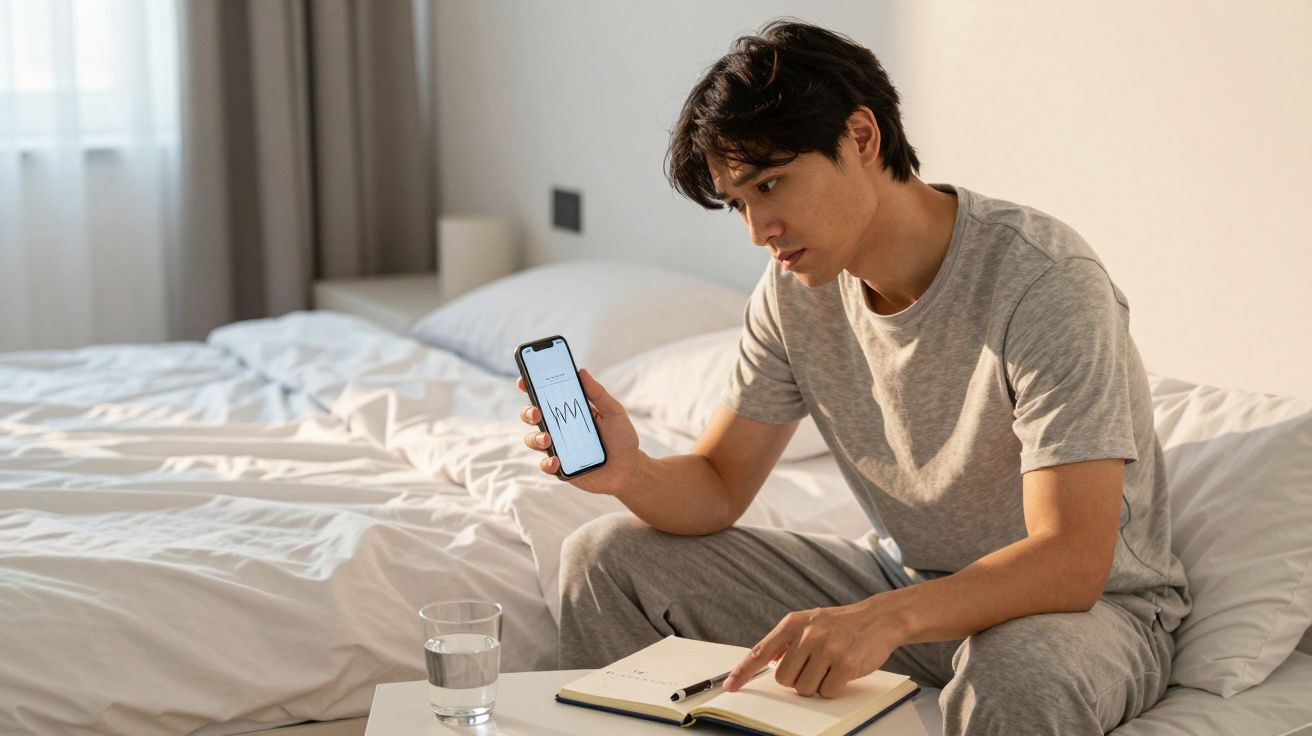 Man in grey loungewear on bed, holding smartphone displaying chart, with notebook and glass of water on a table.