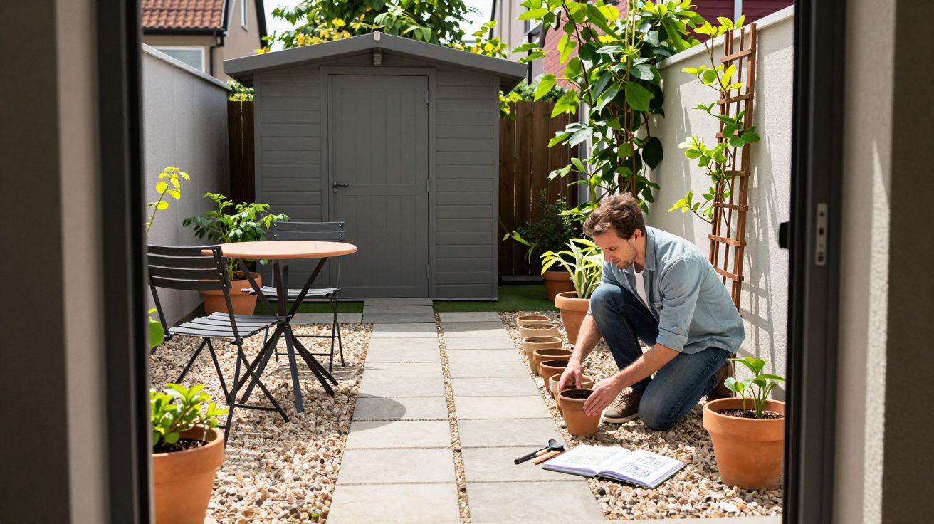 Man planting in pots in a small garden with a stone path, table, chairs, and a grey shed in the background.