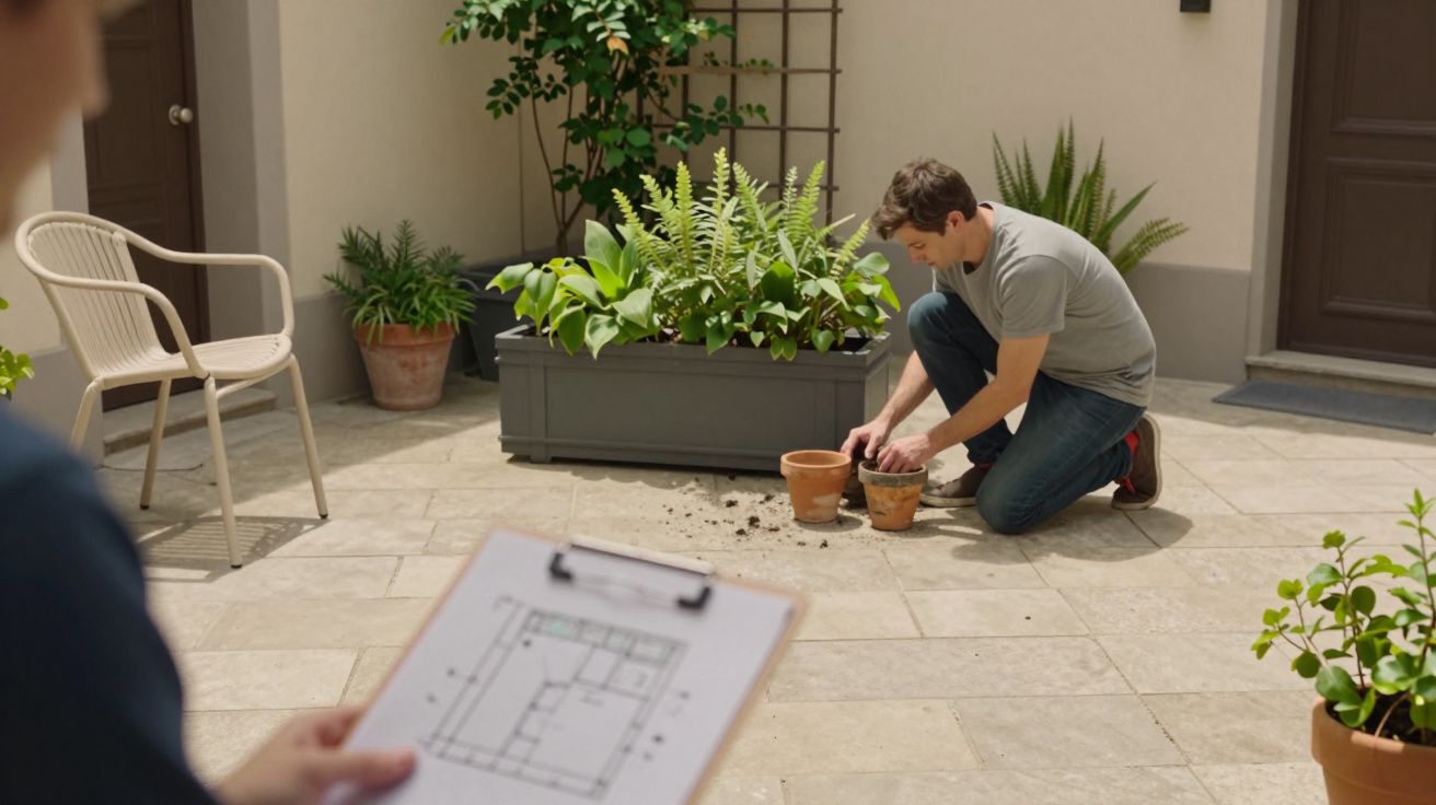 Man planting in a pot on a patio, observed by a person holding a floor plan.