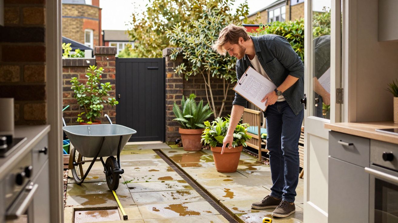 Man measuring a patio with a tape measure, holding a clipboard, next to a wheelbarrow, surrounded by potted plants.