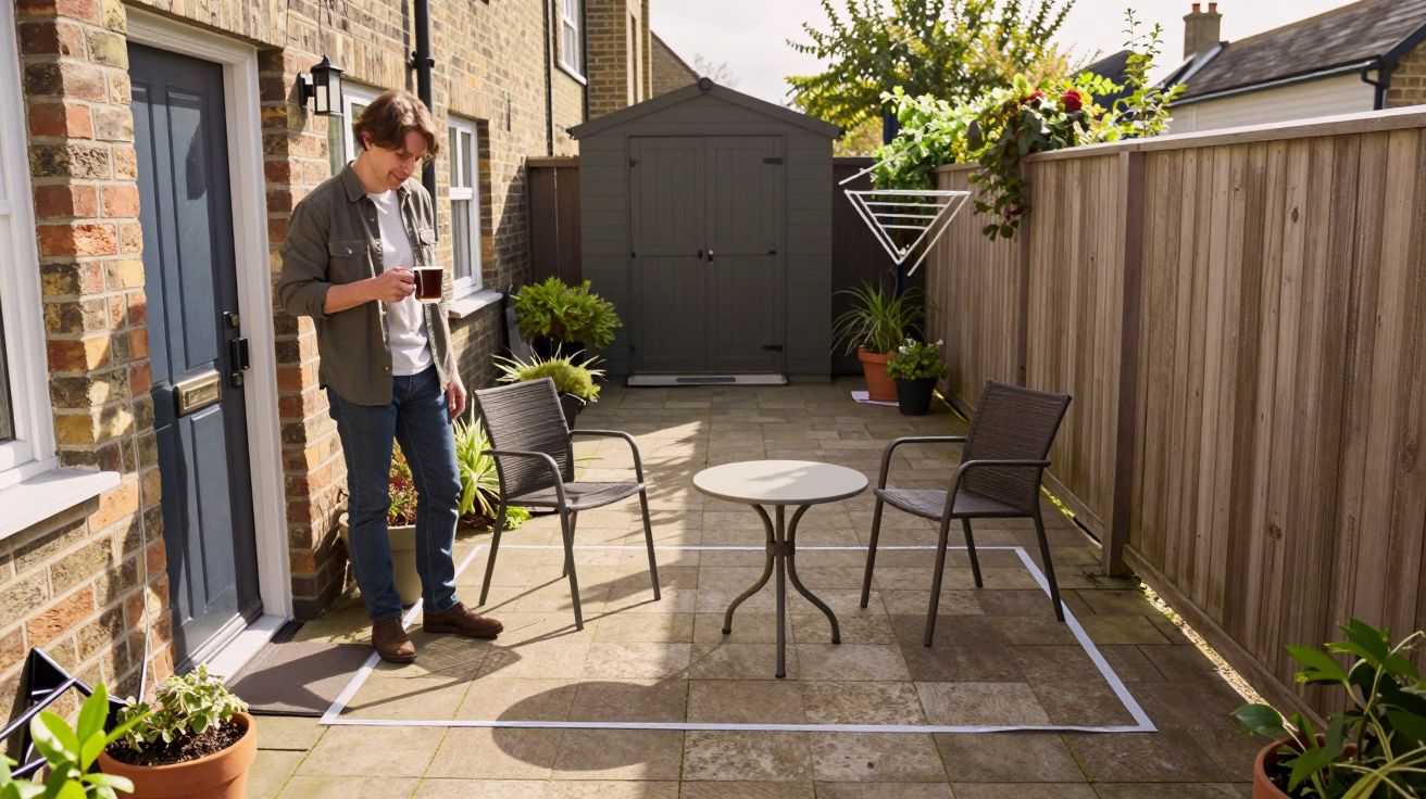 Man with coffee stands in sunny patio with chairs, table, and plants; garden shed in background.