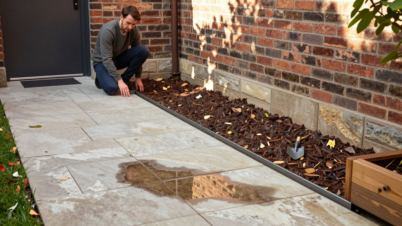 Man inspecting a puddle on a tiled patio near a brick wall with leaf mulch.